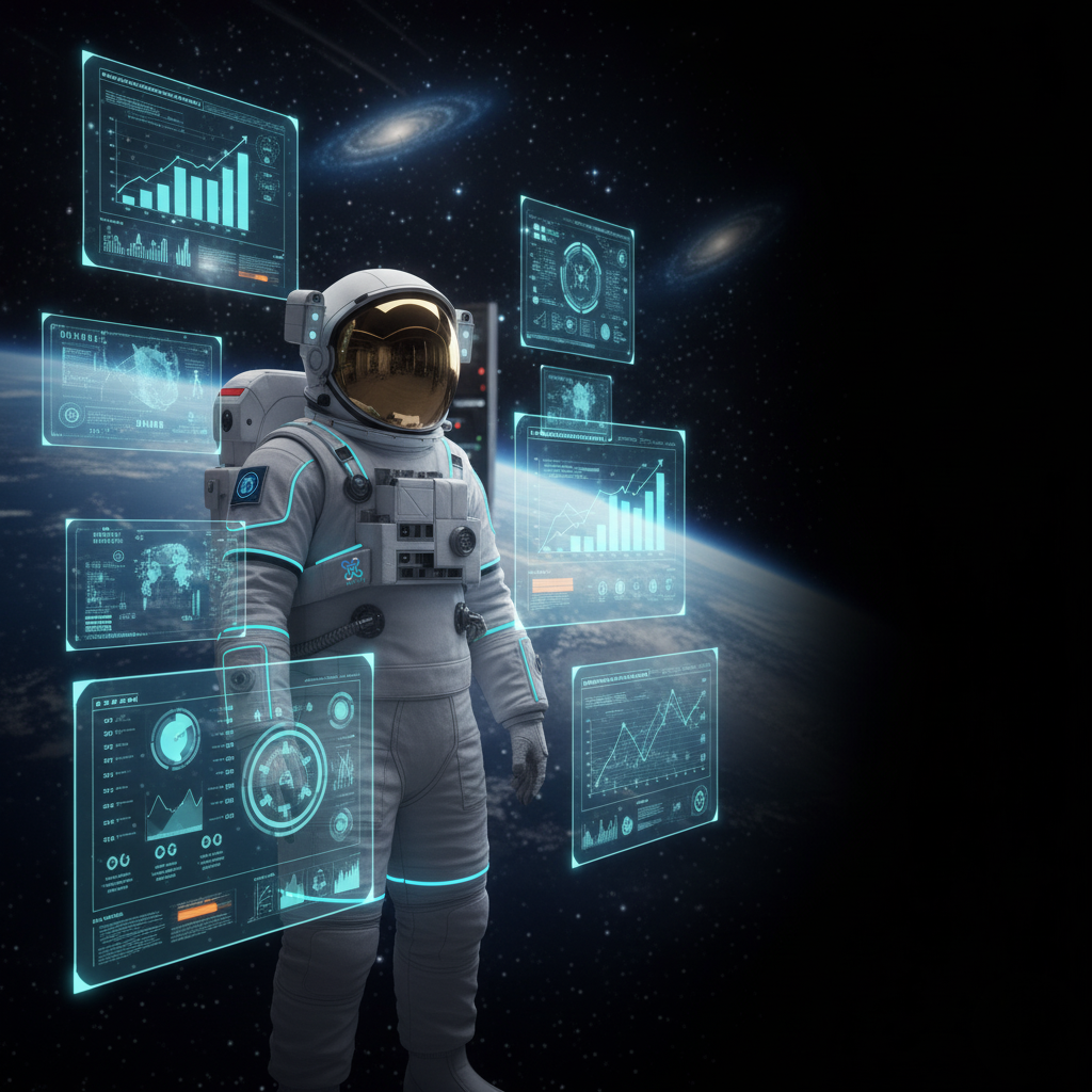 Astronauta de Maticfy en centro de control con pantallas holográficas mostrando métricas de crecimiento, dashboards y análisis de datos representando la metodología MRM+ de automatización de marketing
